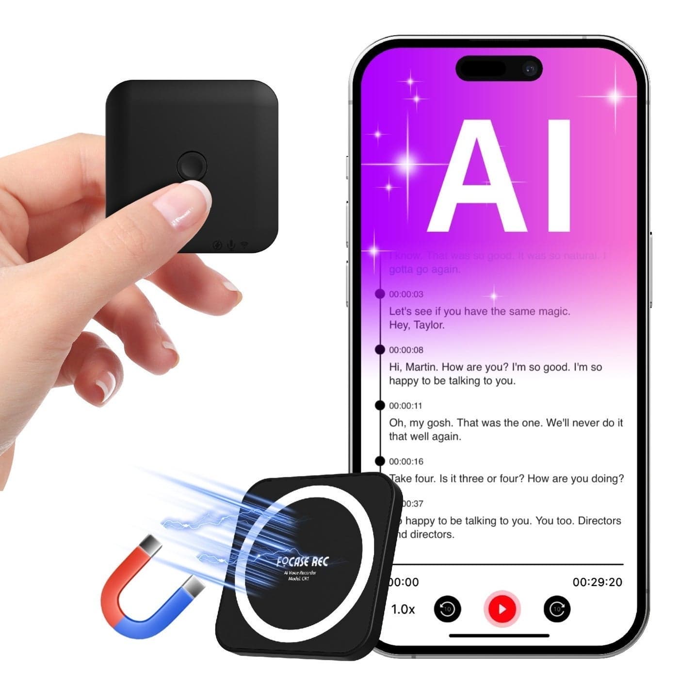 FoCase Note AI Voice Recorder, Transcribe, Summarize & Translation with AI, APP Control, 64GB Storage, Support 112 Languages, Ultra-Slim Magnetic Dictaphone Note Taker for Calls, Lectures and Meetings
