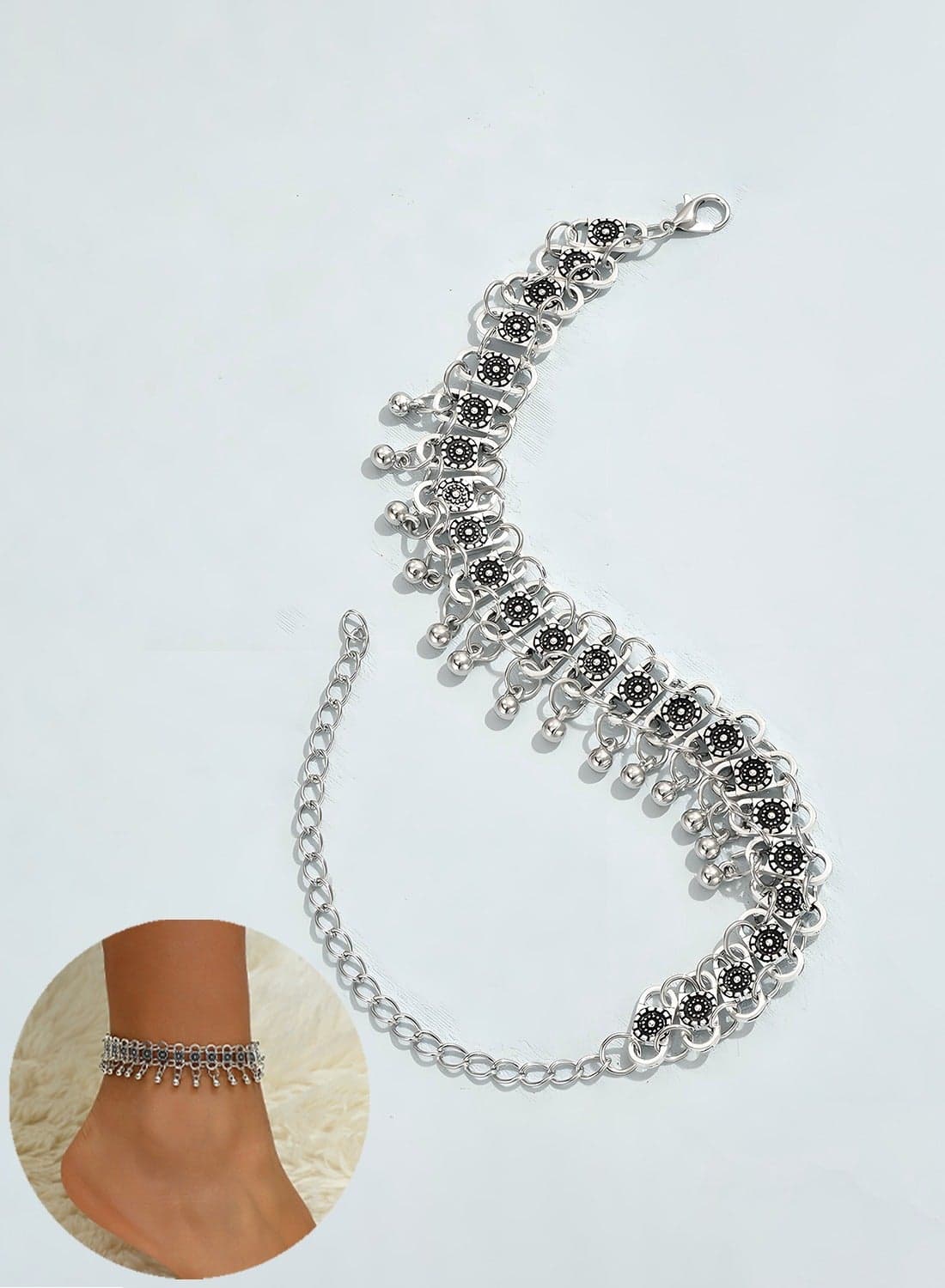 Bohemian Style Silver Tone Alloy Anklet with Floral Design and Bell Charms - Perfect Beach Jewelry for Women