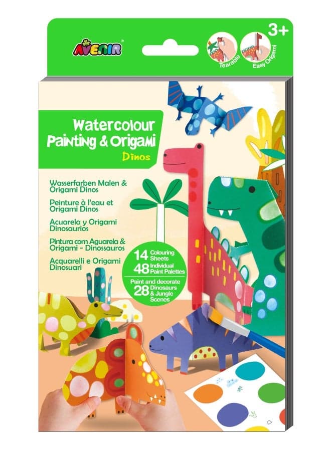 Watercolour Painting & Origami - Dinos Multicolour | Encourage your child to be creative, great activity for rainy days, indoor play, travel and holidays | Ages 3+