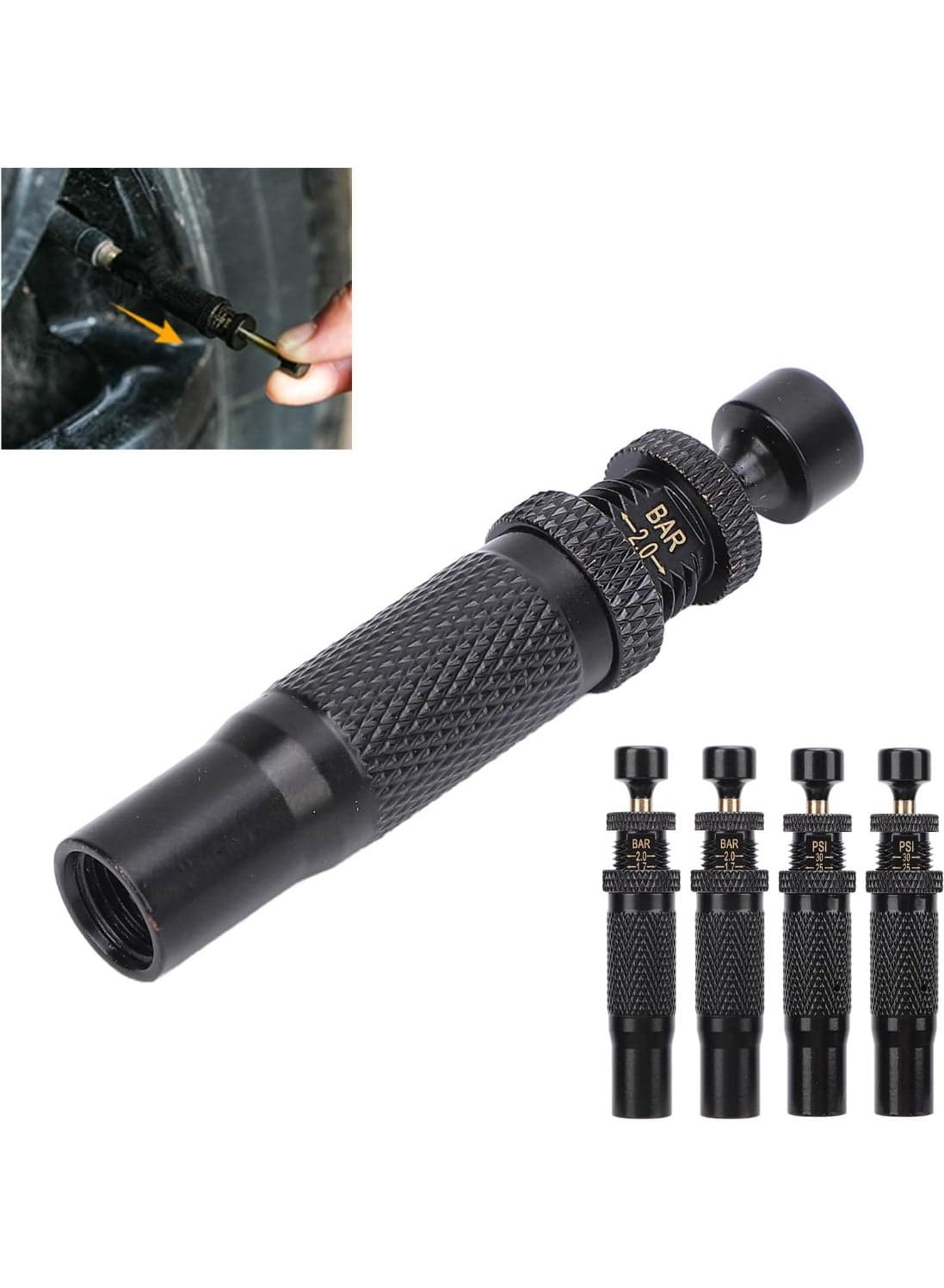 4PCS Adjustable Auto Stop Tire Deflator Valve Kit, Screw On Tyre Tool 10 to 30 PSI Range Automatic Tire Deflators for Vehicle