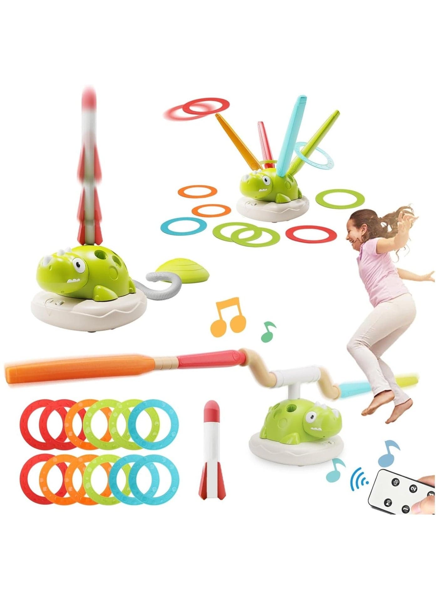 3-in-1 Dinosaur Sports Machine for Kids,Jump Rope,Ring Toss And Sky Rocket,Kid's Sensory Training Toys,Fun Interactive Indoor And Outdoor Toy for Ages 3+