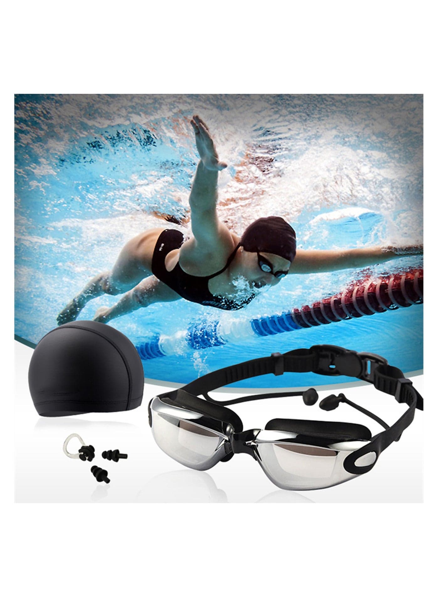 Swimming Goggles 4 Set, Ear Plugs Nose Clip Clear Vision HD Waterproof and Anti-fog Swimming Glasses Men and Women Large Frame Electroplating Swim Goggles with Swimming Cap Set (Black)