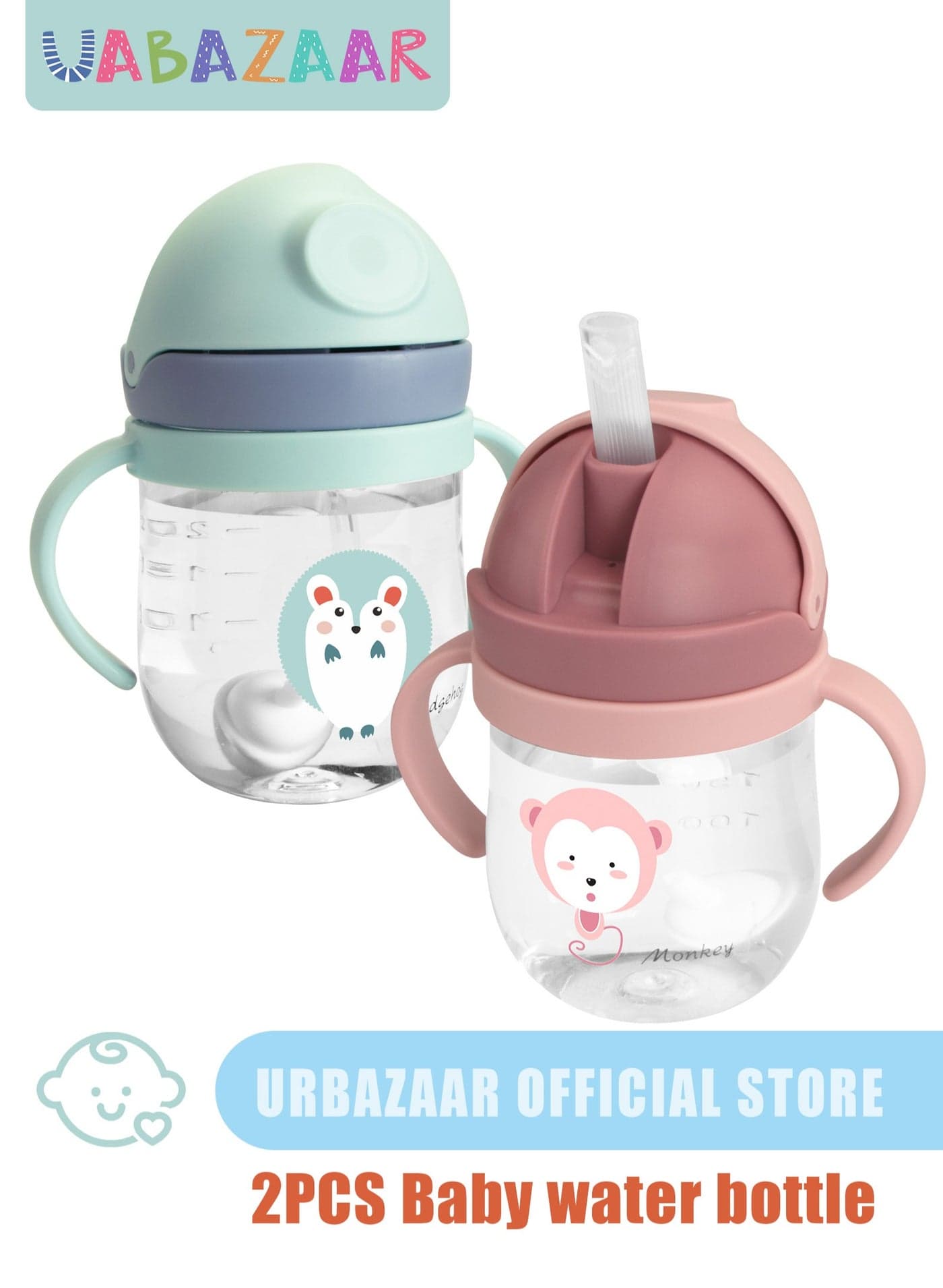 2-Pcs Baby Sippy Cups For 6 Months +, 260ml Baby Cup with Weighted Straw and Easy Grip Handles, Kids Water Bottle with Simple Flip Lid, 360 Degree Spill Proof Toddler Cup