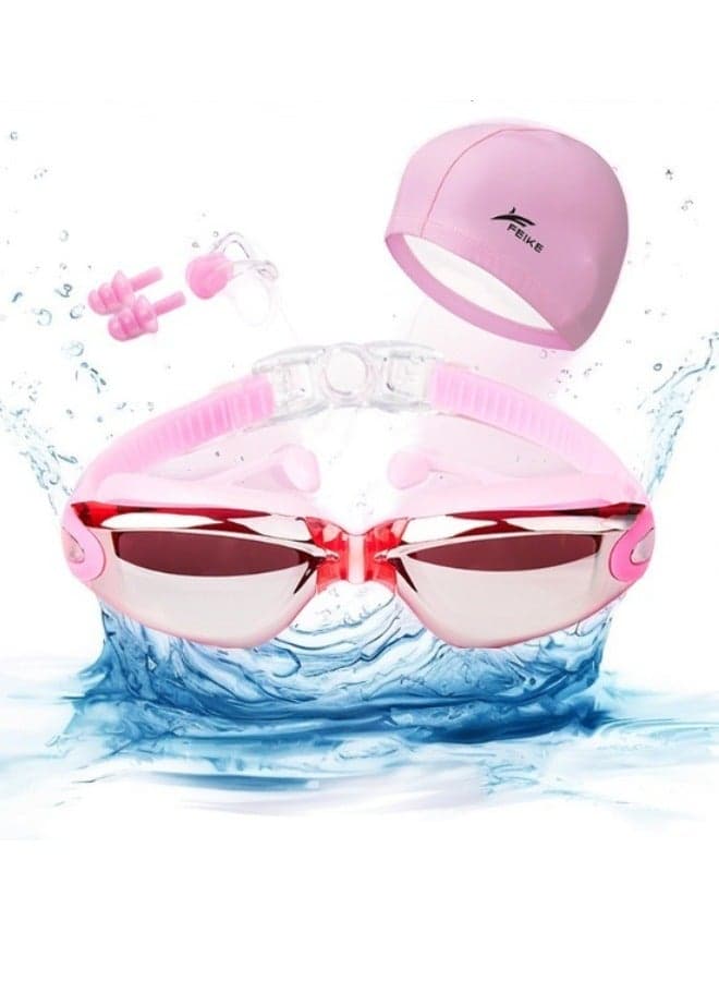 Waterproof Swimming Goggles With Swim Cap , Earplugs and Storage Box Nose Clip for water sports such as swimming, boating,surfing, and kayaking, portable,Pink