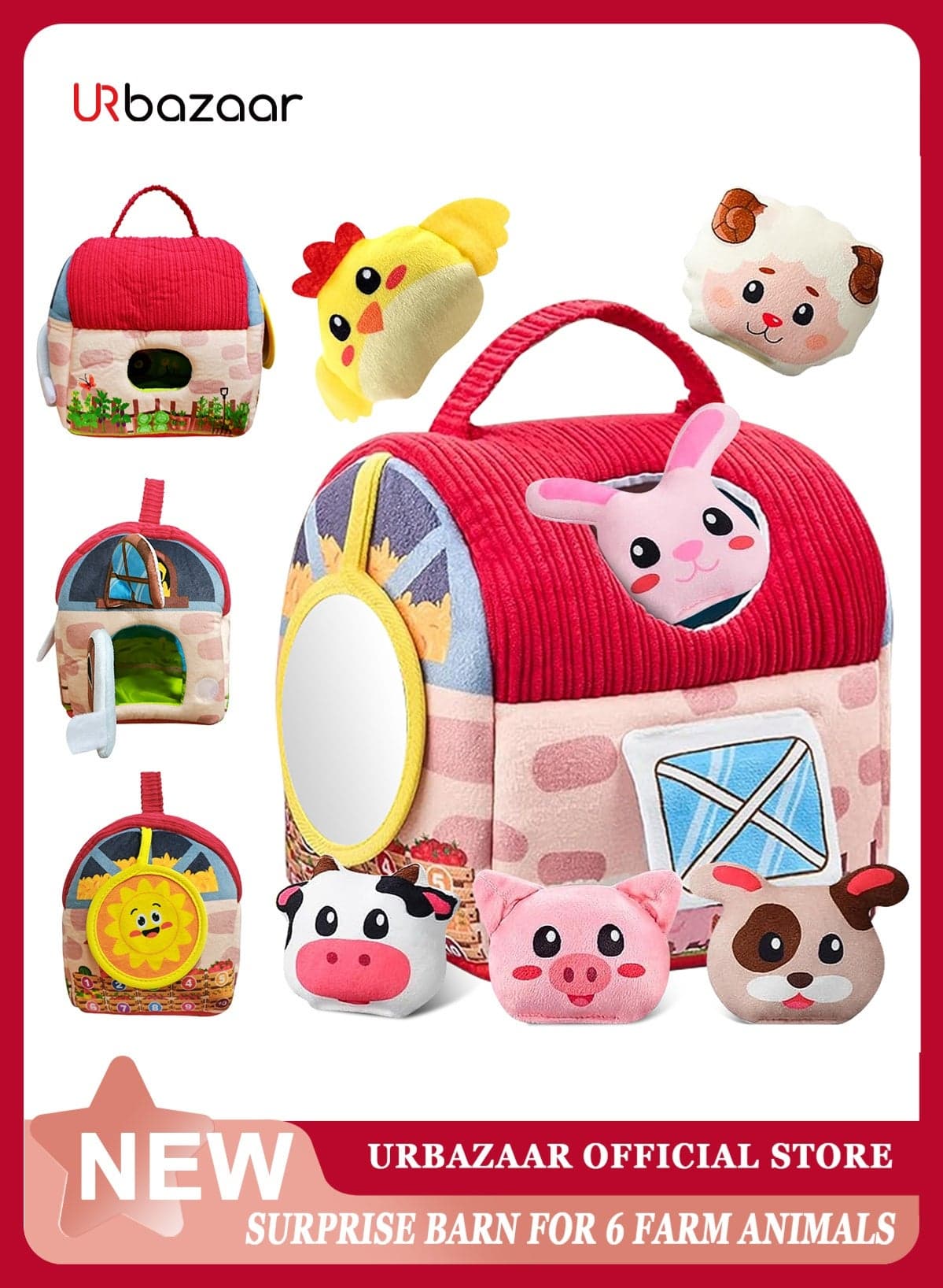 Baby Toys 6-12 Months -Mini Farm Animals Shape Sorter Toys with 6pc Stuffed Farm Animals Plush toy, Rattle, Crinkle Paper, Mirror - Busy Montessori Toy for Babies, Sensory Toys for Toddlers 1-3 Year