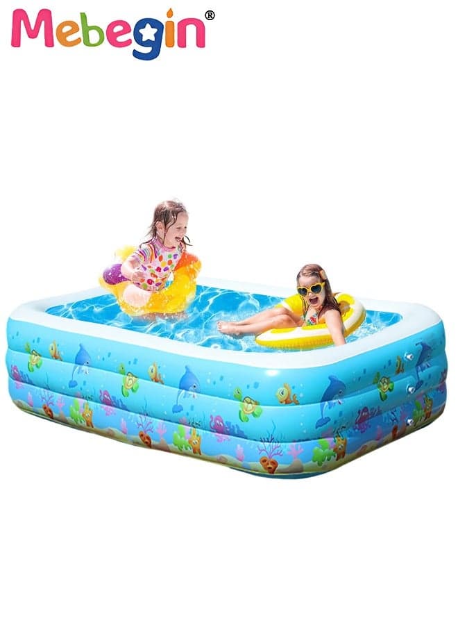 130*90*48cm Rectangle Shape Inflatable Swimming Pool with Marine Animal Print, Thickened Swimming Pool, Paddling Pool with Inflatable Safety Bubble Bottom, Durable Multifunctional Blow up Pool, Family Lounge Pool, Ideal Choice for Indoor Entertainment and Outdoor Activities