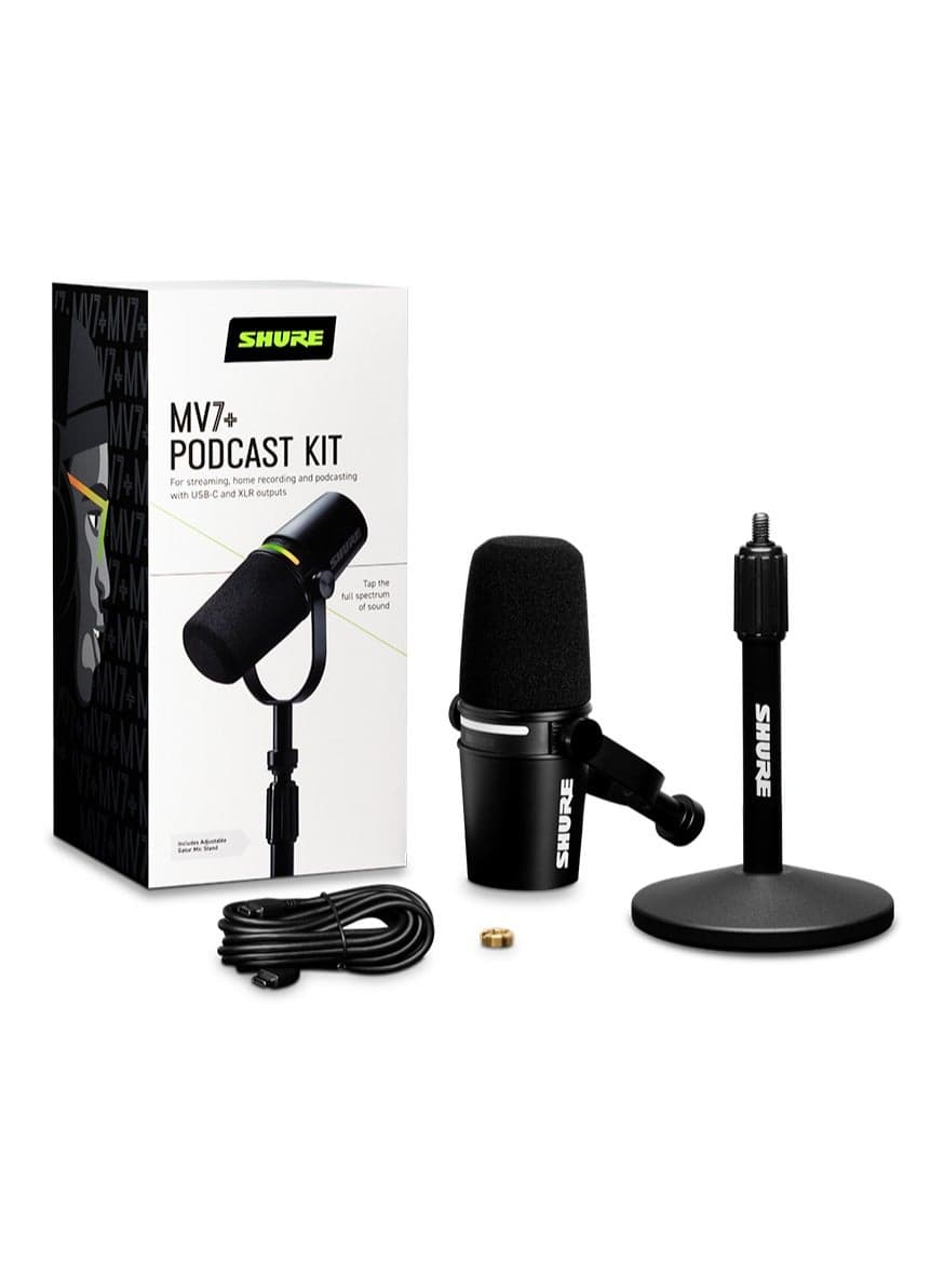 Shure MV7+ Podcast Microphone Bundle, Enhanced Audio, LED Touch Panel, USB-C & XLR Outputs, Auto Level Mode, Digital Pop Filter, Reverb Effects, Podcasting, Streaming, Recording - Black MV7+-K-BNDL Black