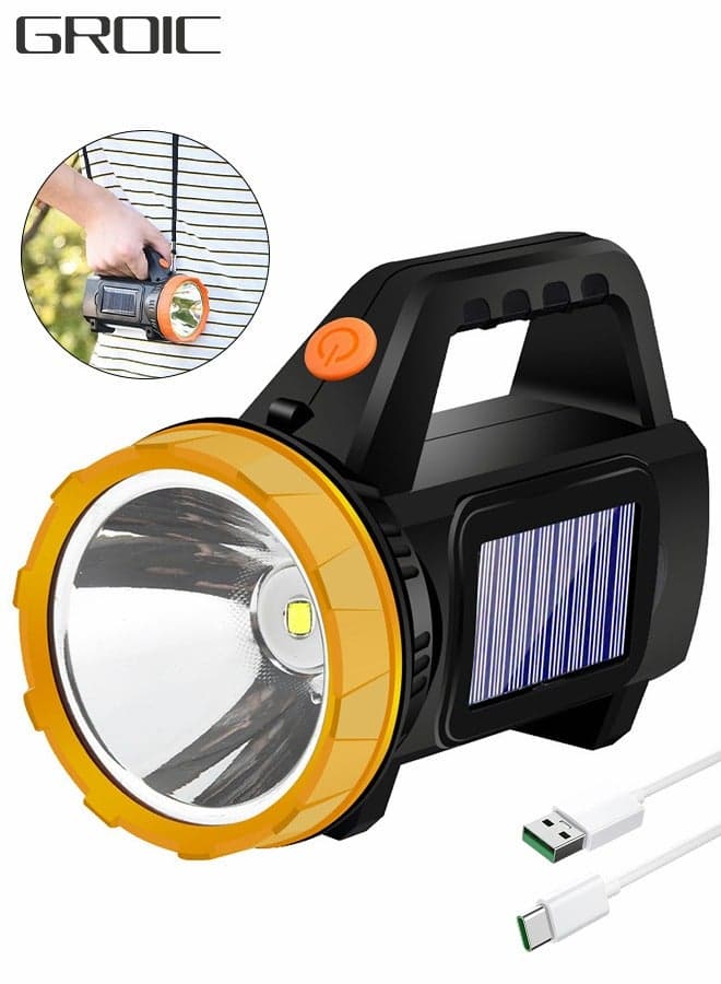 Solar Rechargeable Handheld Flashlight, Led Flashlight High Lumens Super Bright with Cob Light, Portable Searchlight Waterproof 1500 Mah for Mining,Camping, Hiking, Fishing