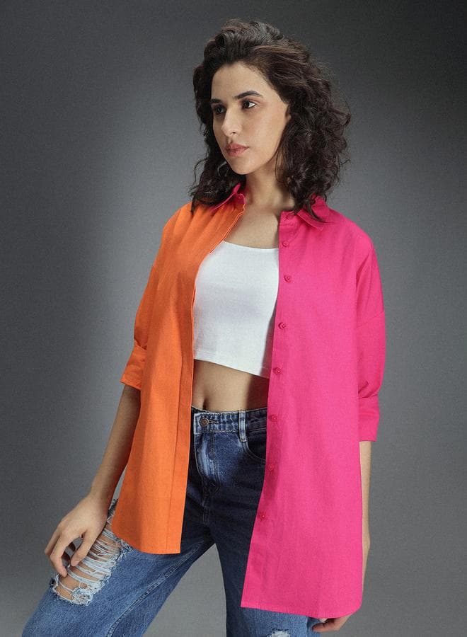Women'S Multicolour 100% Cotton Colourblocked Button Down Shirt