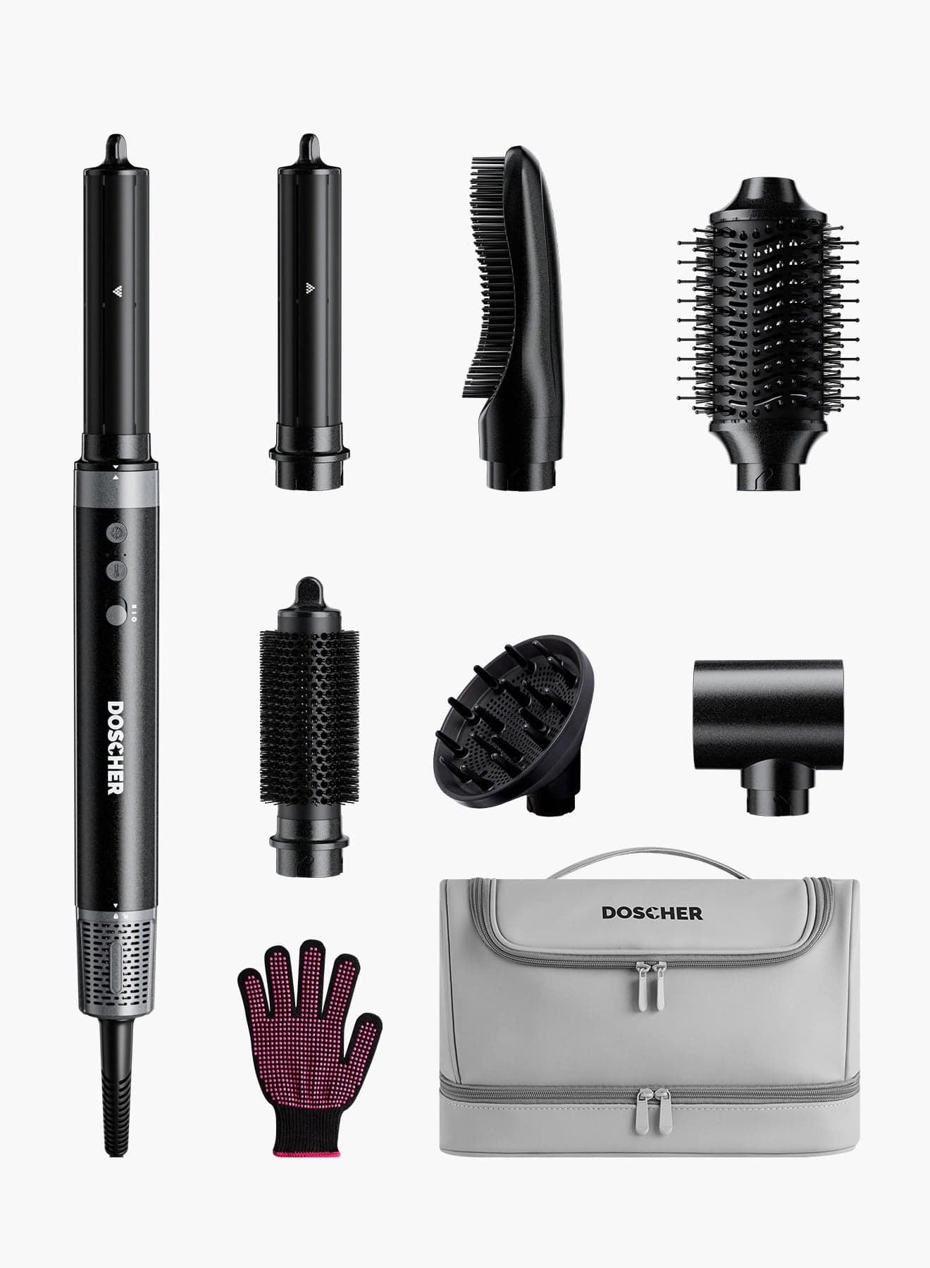 1400W Professional 7-in-1 Hair Dryer & Styler with Hot Air Brush, Curling Wand, Diffuser Nozzles & Straightener Comb for Salon-Quality Styling at Homer