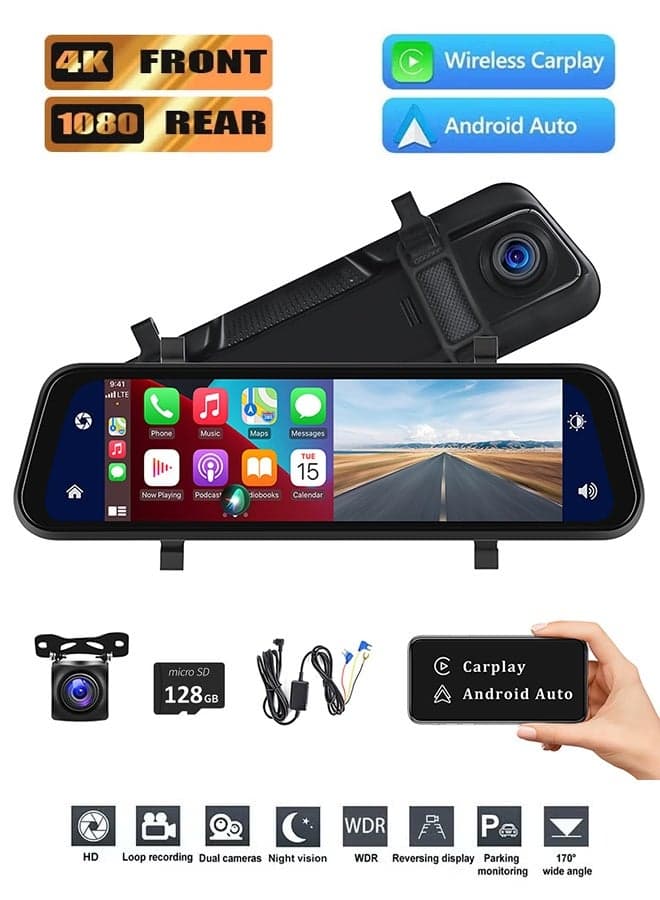Rear View Mirror Camera with Carplay&Android Auto, 9.66" 1080P Mirror Dash Cam Front and Rear with Voice Control,Night Vision,Parking Monitoring,Reverse Assist Free 128GB Card for Cars&Trucks