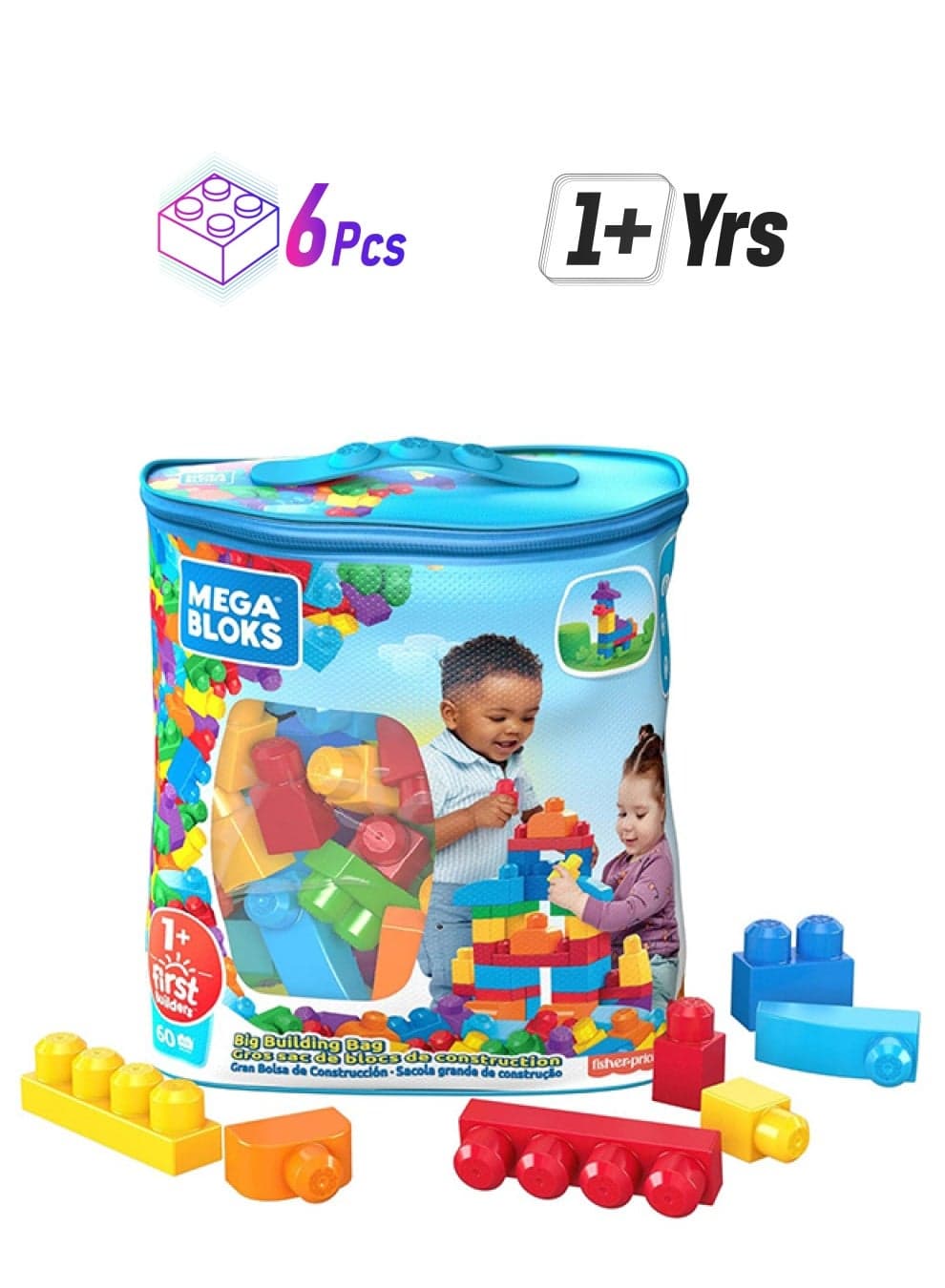 First Builders Classic Building Bag Toy – 6 Pieces – Early Learning Construction Blocks for Toddlers & Kids, Age 1+