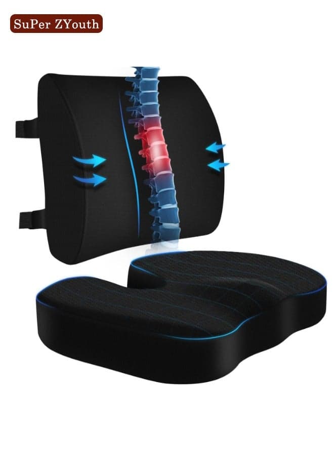 Coccyx Seat Cushion & Lumbar Support Pillow for Office Chair, Car, Wheelchair Memory Foam Chair Cushion for Sciatica, Lower Back & Tailbone Pain Relief Desk Pad with Adjustable Strap, Black