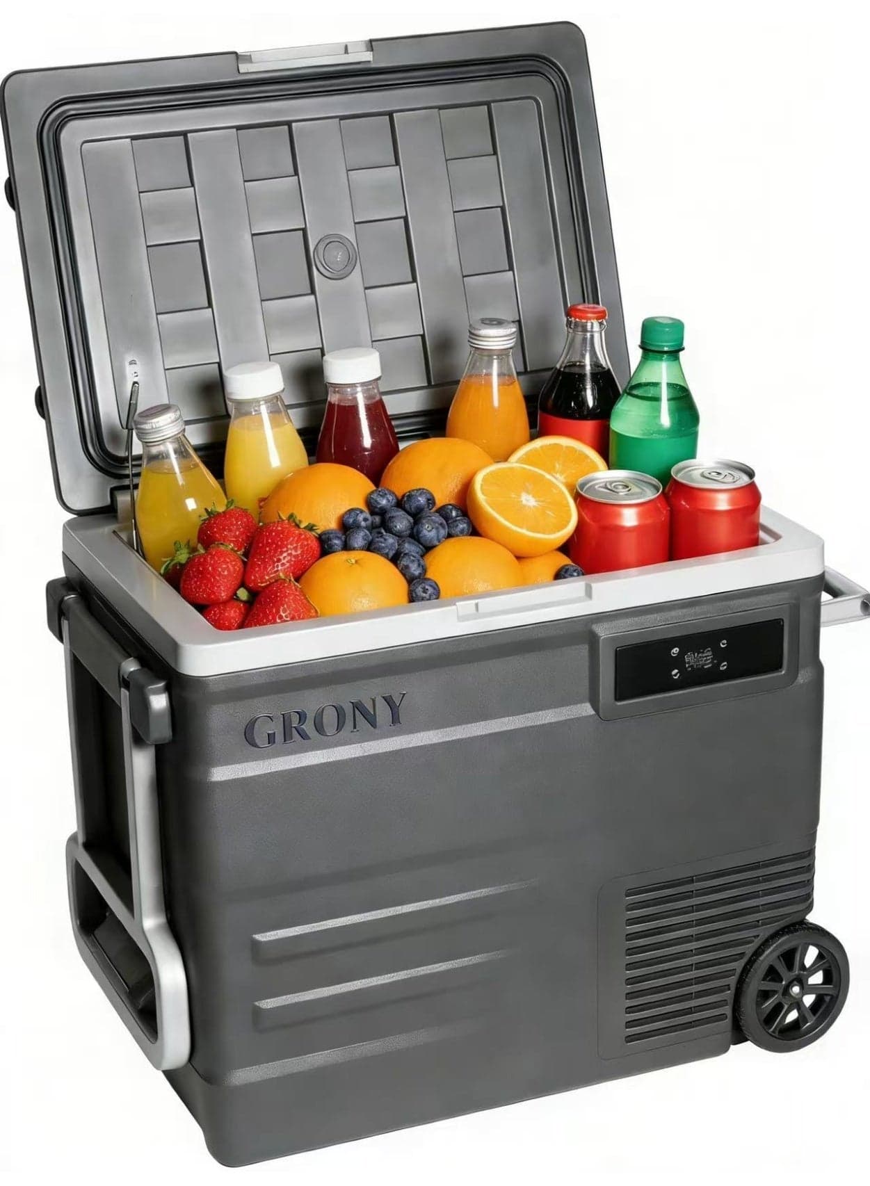 CRONY 45L Portable Car Refrigerator/Freezer Deep cooling to -20°C, 12V/24V DC and 100-240V AC dual power supply car refrigerator, outdoor refrigerator with wheels/handles/LED panel/battery protection, for food refrigeration, car, home, travel and camping.
