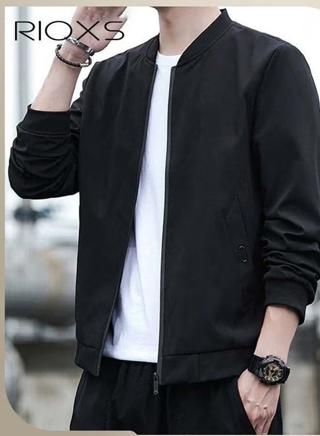 Men's Bomber Jacket, Lightweight Zip Up Windbreaker Jackets, Waterproof Windproof Comfort Fit Outdoor Jacket Coat with Pocket, Trendy Lined Stand Collar Full Zipper Jacket, Spring Fall Casual Jackets Outerwear for Casual, Work, Running, Cycling, Hiking, Fishing and More, Black