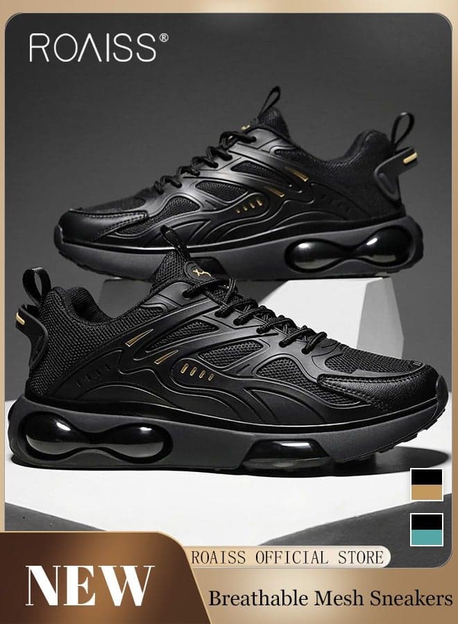 Mens Stretch Air Cushion Running Shoes Handsome Lace up Sneakers Outdoor Non Slip Sport Shoes Men Trendy Casual Lightweight Comfy Walking Shoes for Young Men Teenagers Black Colorblock Sneakers