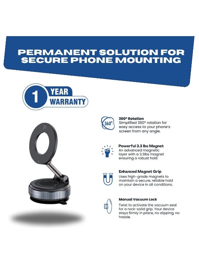 NIXIVE MagGrip Orbit 360° Magnetic Car Phone Mount – Manual Vacuum Suction, 360° Full Rotation, Universal Compatibility with iPhone 17 Pro/Pro Max/Air, Galaxy S25/S24, and other Smartphones