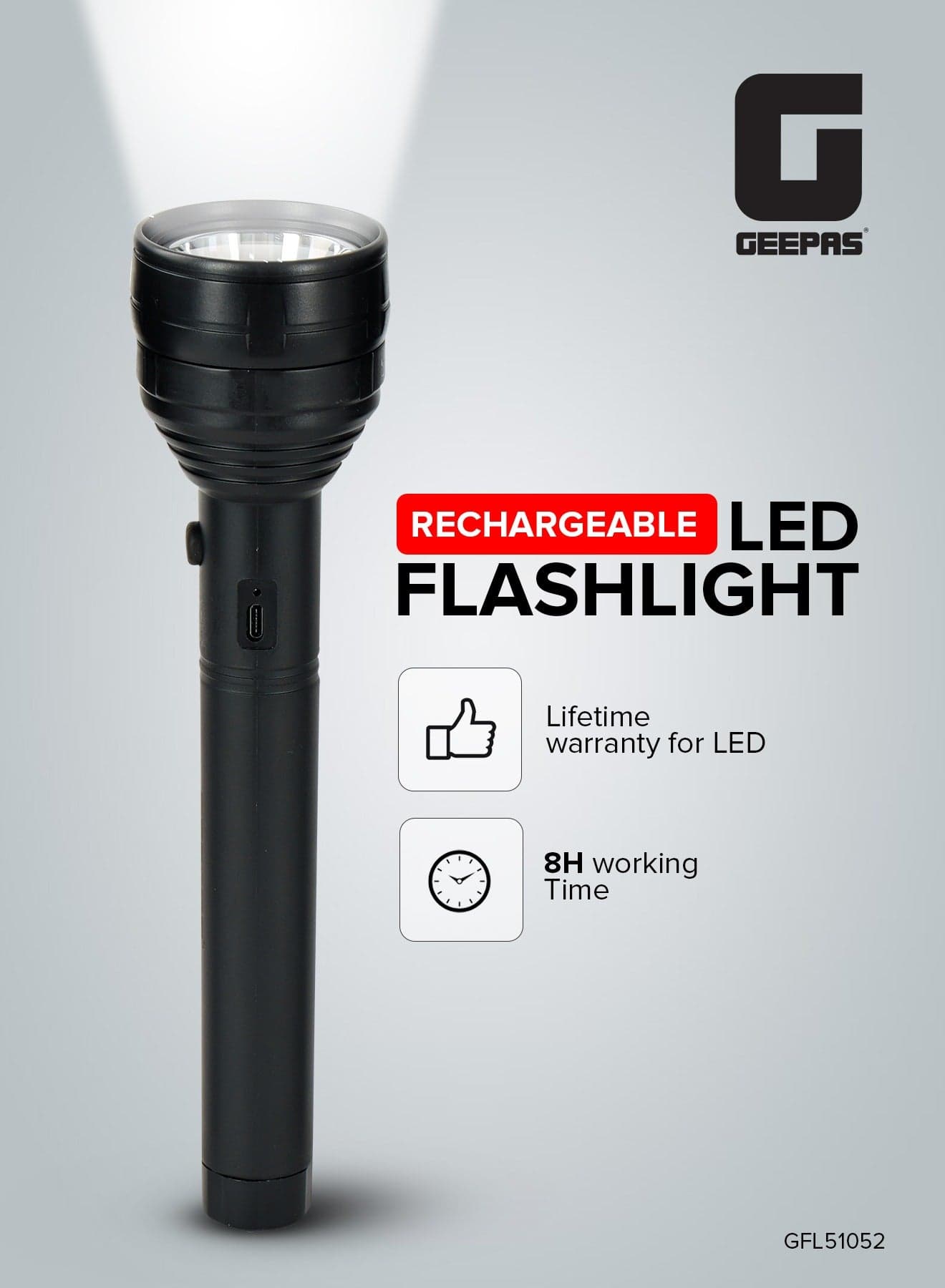 Rechargeable LED Flashlight, USB Rechargeable| 8hrs Working Torch | Lithium Battery | Ideal for Camping, Trekking & Outdoor Activities