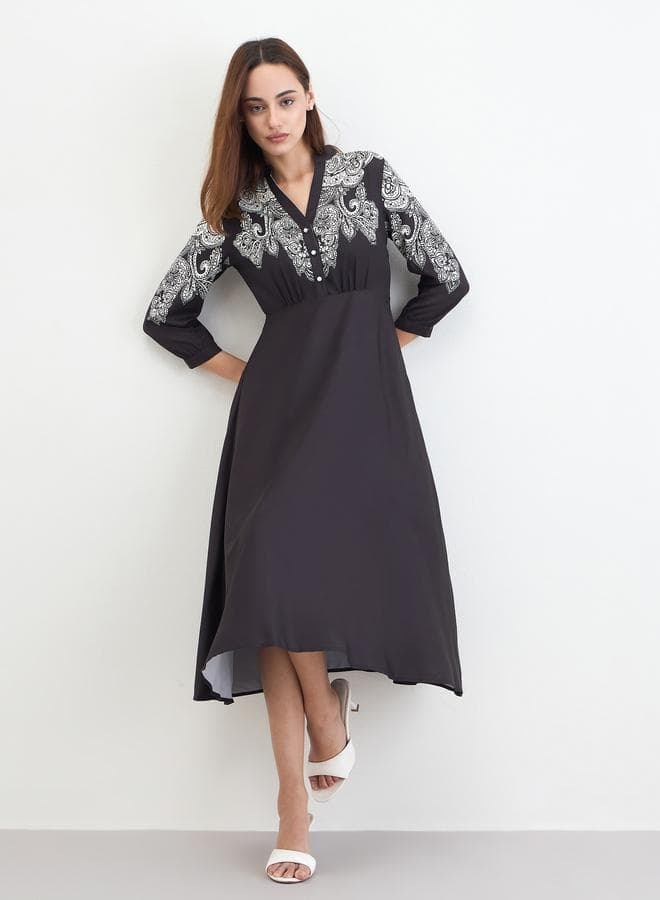 Black Printed Buttoned Midi Dress