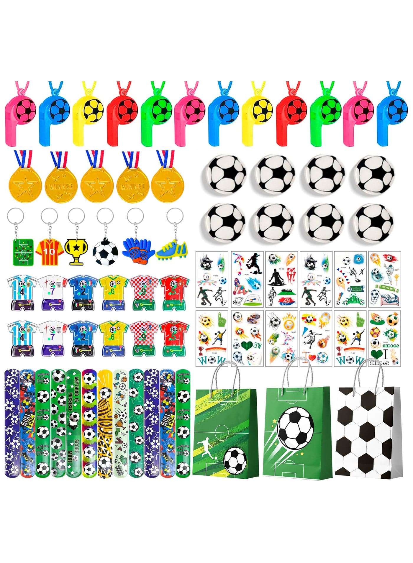 96pcs Soccer Party Favors for 12 Guests, Including Soccer Slap Bracelets Stickers Medals Keychains Bags Whistle Maza Toys etc Soccer Birthday Party Favors for Soccer Party Decorations Supplies