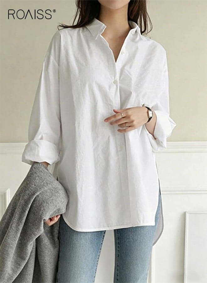 Ladies Comfortable Lapel Shirt for Daily Commute - Single-Breasted Long Sleeve Top with Simple Solid Color Design and Loose Fit, Women's Classic Regular Shirt