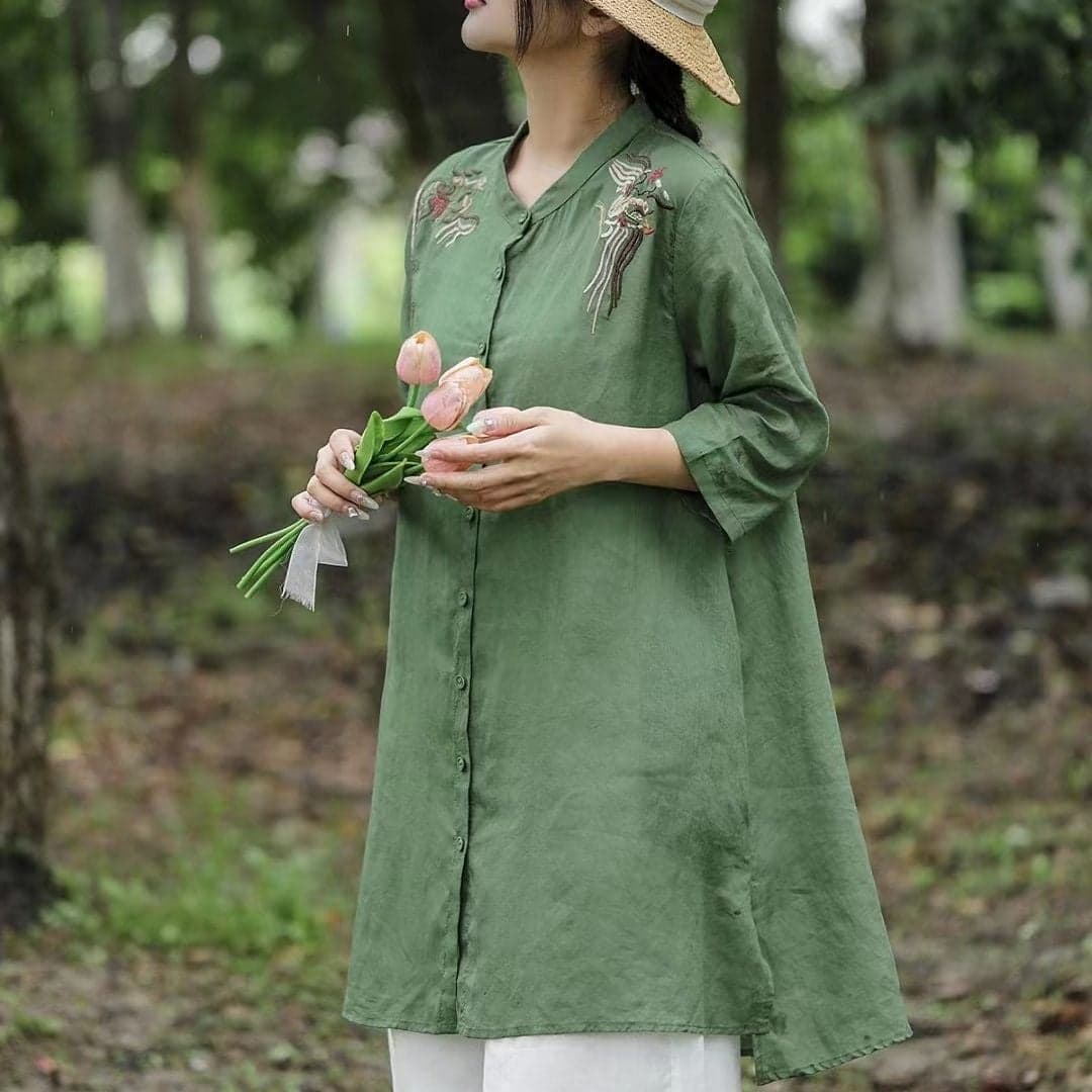 Cotton And Linen Embroidered Shirt For Women Spring And Loose Mid-Length Casual Shirt Versatile Comfortable Breathable Thin Jacket