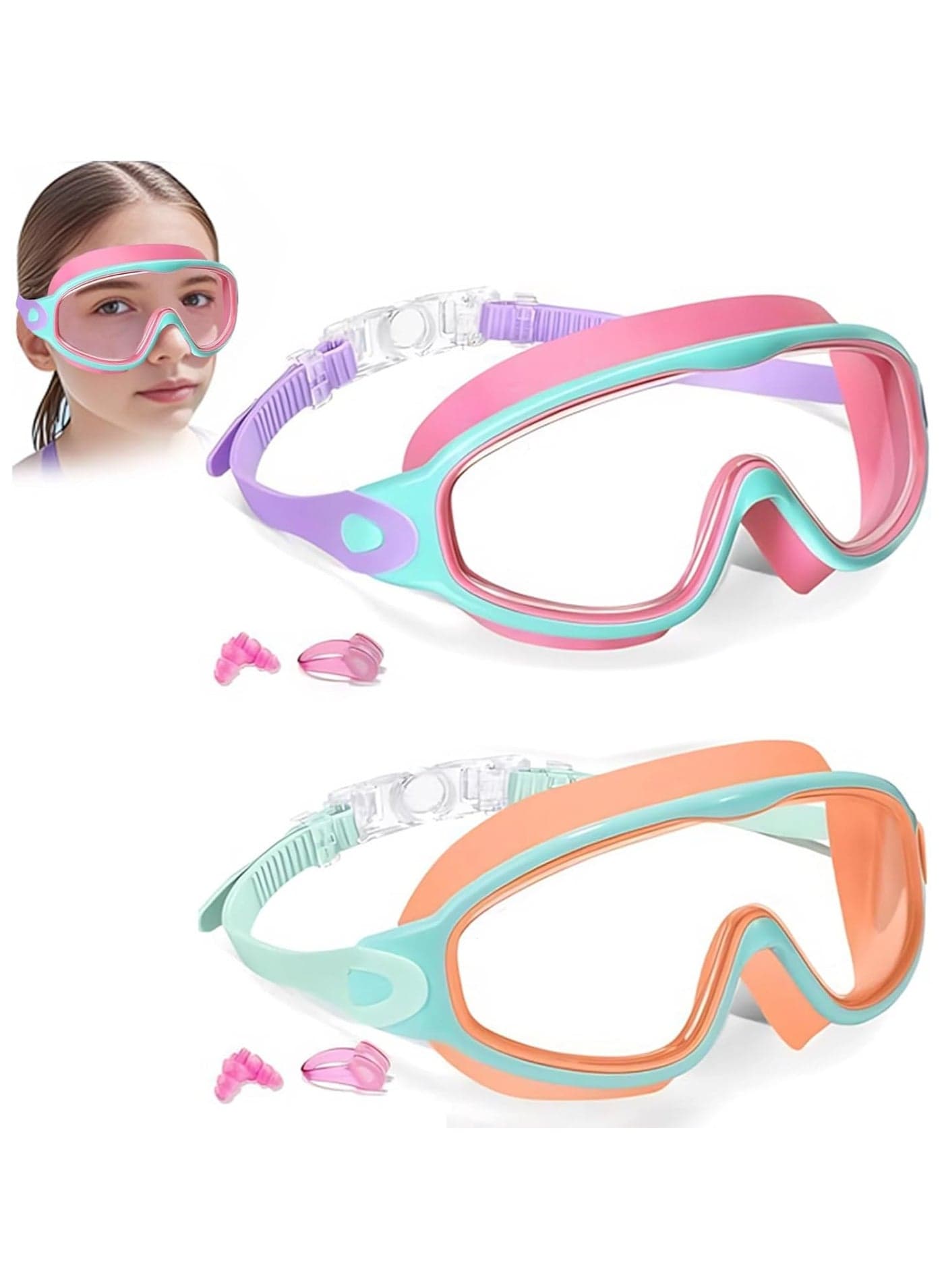 2 Pack Swimming Goggles for Child,Swimming Goggles for Kids 3-14,Wide Vision Anti-Fog Waterproof UV Protection Lenses,No Leaking Swim Glasses for Men Women Girls,Adjustable Strap, With Nose Mask