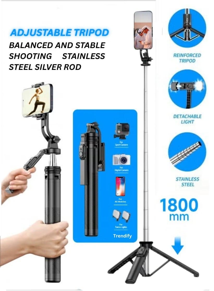 70.86 Inches Extra Long Selfie Stick Tripod, Anti-Shake Selfie Stick with Balance Handle, Tripod Stand with Rechargeable Bluetooth Remote for Mobile Phones, Suitable For Smartphones, Cameras, Vlogging, Photography, and Video Recording