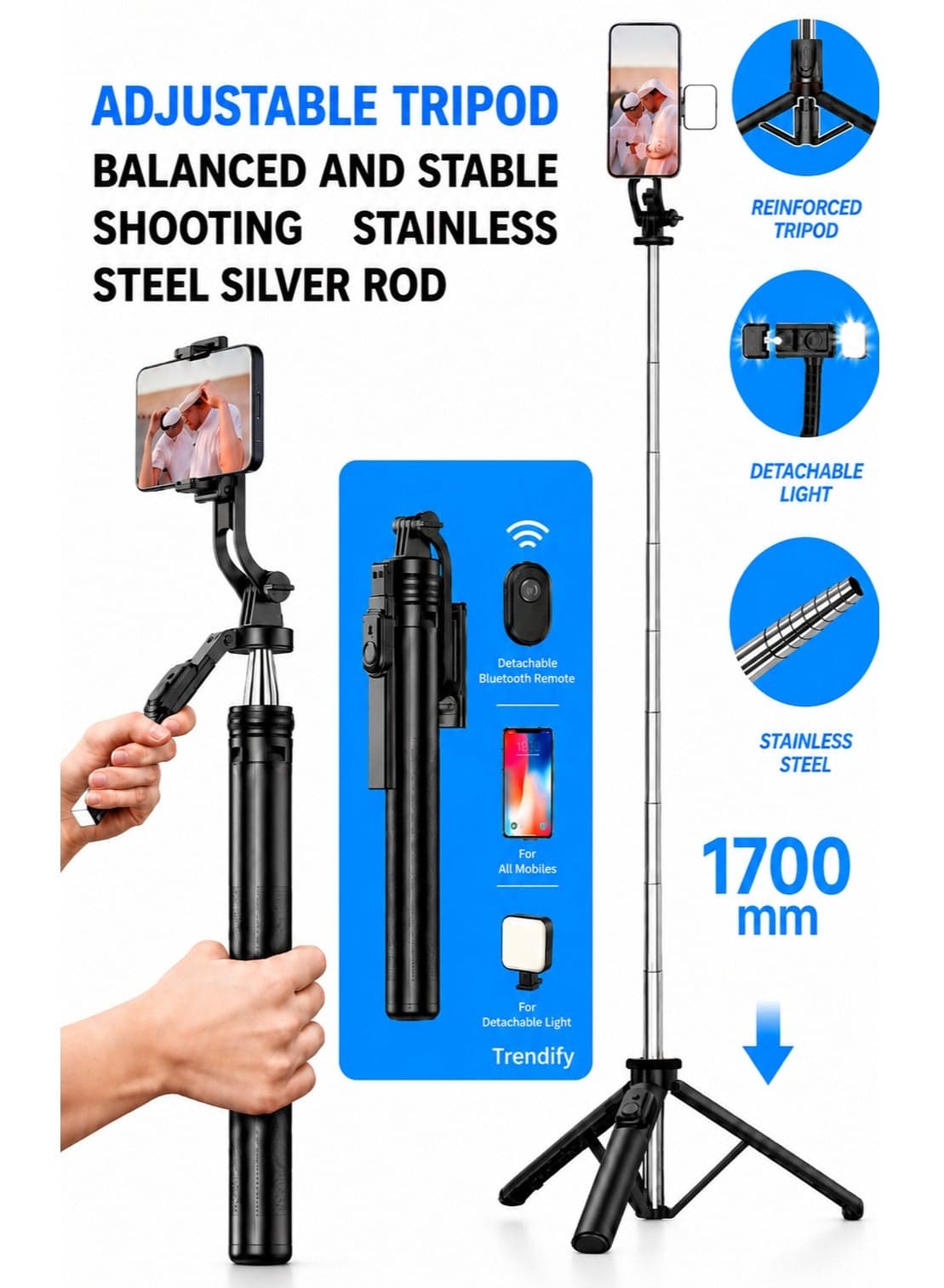 170cm / 66.92 Inches Extra Long Selfie Stick Tripod, Anti-Shake Selfie Stick with Balance Handle, Tripod Stand with Rechargeable Bluetooth Remote for Mobile Phones, Suitable For Smartphones, Cameras, Vlogging, Photography, and Video Recording