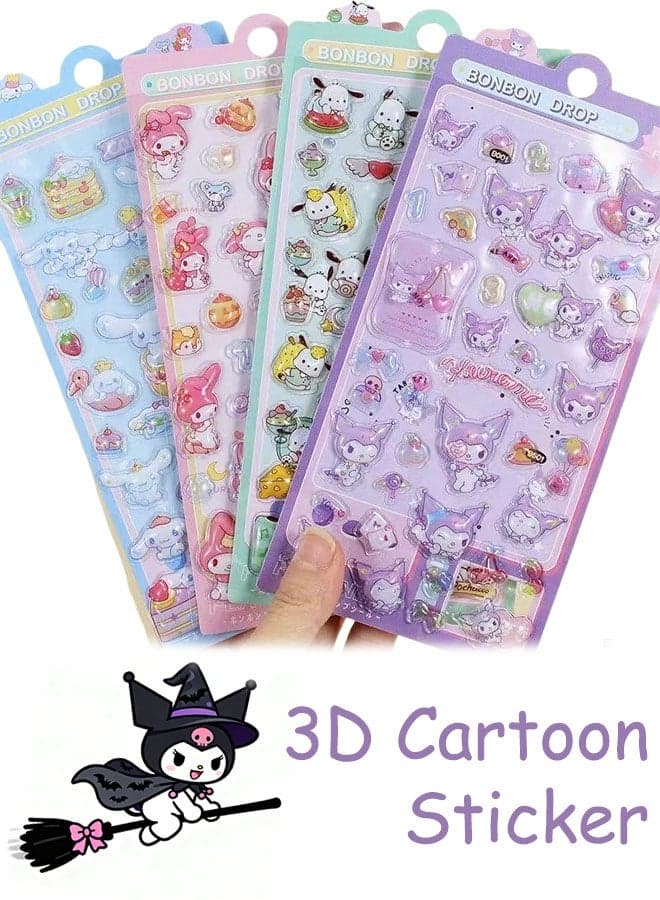 4 Sheets Sanrio 3D Cartoon Sticker Sheet Cute Pattern Perfect Gift For Kids Classroom Rewards Kawaii Lovely Stickers for Cups, Laptops, DIY Crafts, Phone Case, Scrapbook
