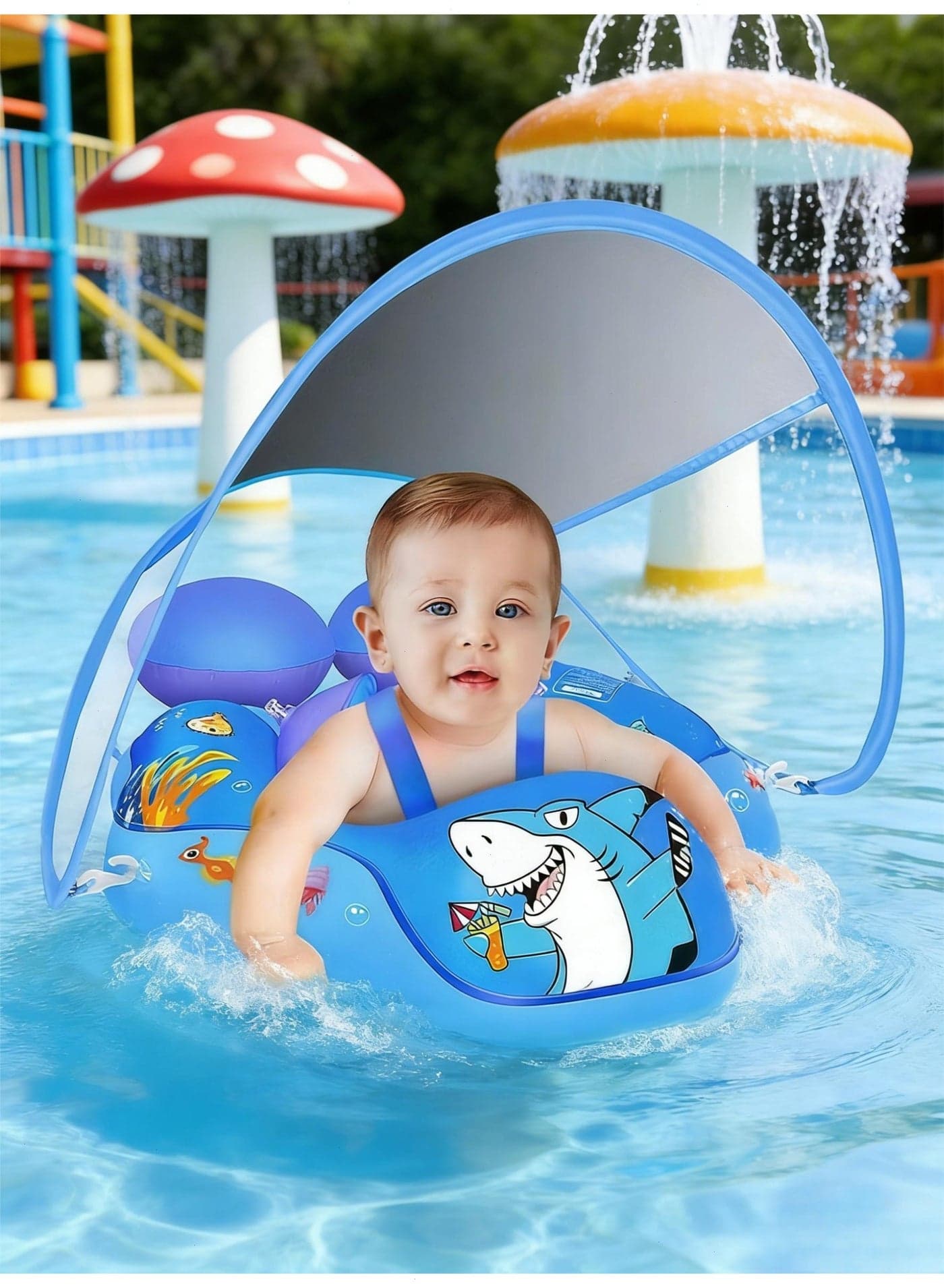 Baby Swimming Float with UPF50+ Sun Canopy, Inflatable Baby Floats for Pool, No Flip Over Toddler Pool Ring for Baby Age of 3-36 Months