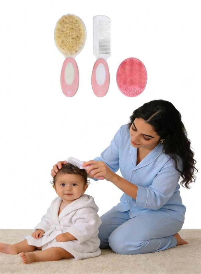 Baby Hair Brush and Comb Set for Newborns & Toddlers | Natural Soft Goat Bristles | Ideal for Cradle Cap | Perfect Baby Registry Gift (Pink)