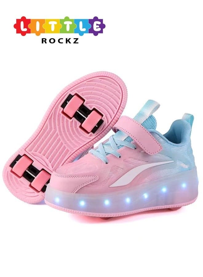 Kids Four Wheel Roller Shoes Rechargeable LED Flash Light Sneaker Skate Heelys Shoes Blue