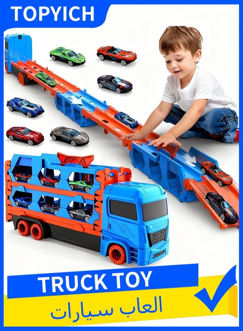 Truck Toy - 2-in-1 Transport Container, Car Toy Set with 6 Metal Cars, Car Toys for Boys & Girls Ages 3+