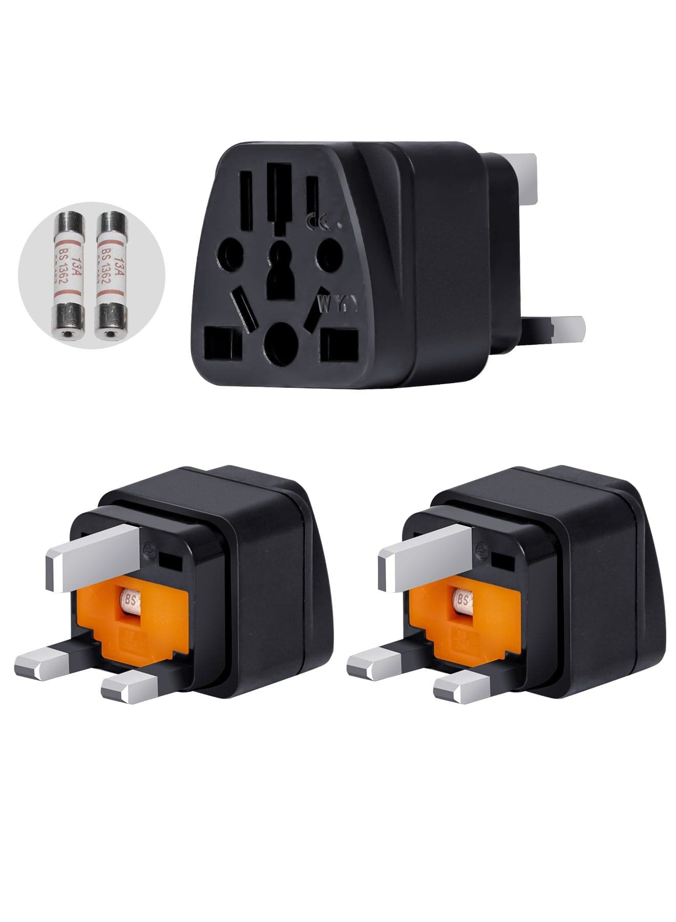 World to UK Travel Adapter (3-Pack, Black) - Universal 3-Prong Power Converter, Transforms US/JP/AU/EU/CN plugs to UK - Grounded, Safe & Compact for All Devices, Includes 13A Fuse + 2 Spares