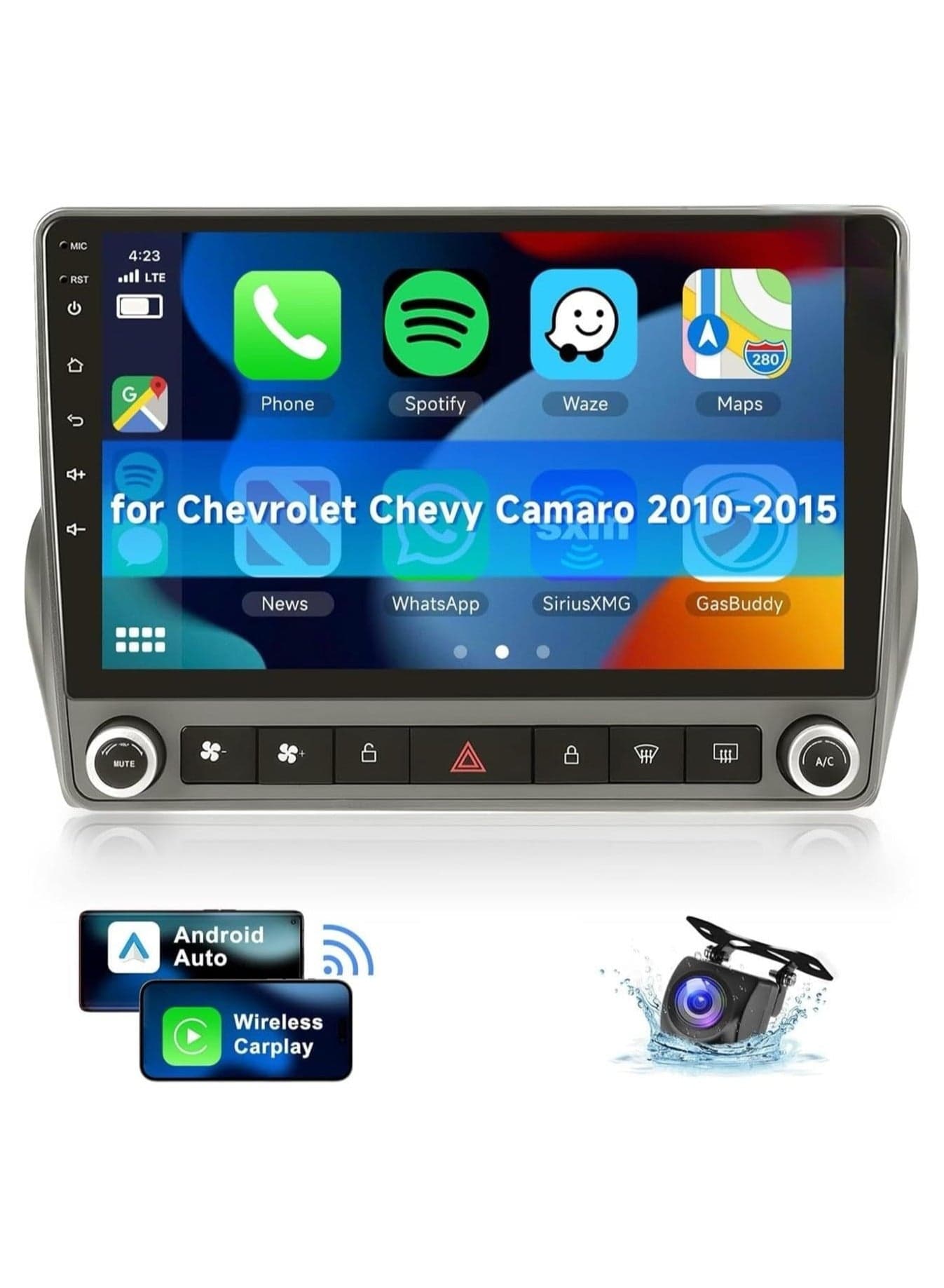 Android Car Stereo for Ford Chevrolet Chevy Camaro 2010-2015 4GB RAM 32GB ROM Support Carplay, Mirror Link Wi-Fi BT, Radio GPS Navigation, 9 Inch IPS Touch Screen with AHD Camera Included