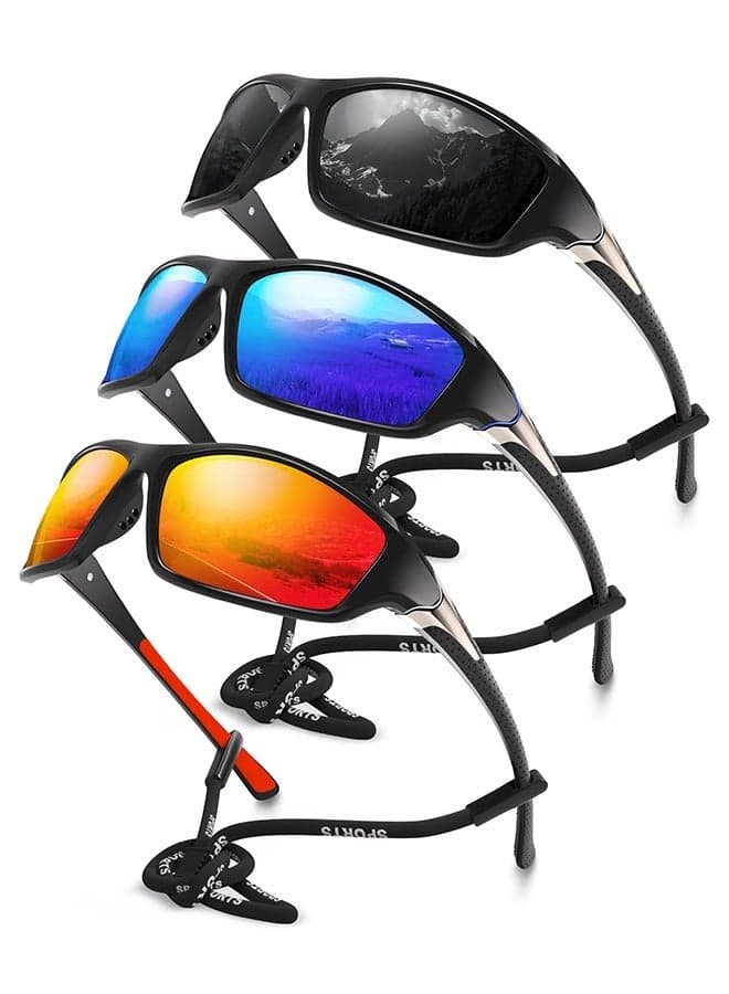 Sports Sunglasses Polarized For Mens Womens Driving Fishing Running Wrap Around Sun Glasses Unbreakable Frame Goggles with Glasses rope Strap UV Protection 3 Pack
