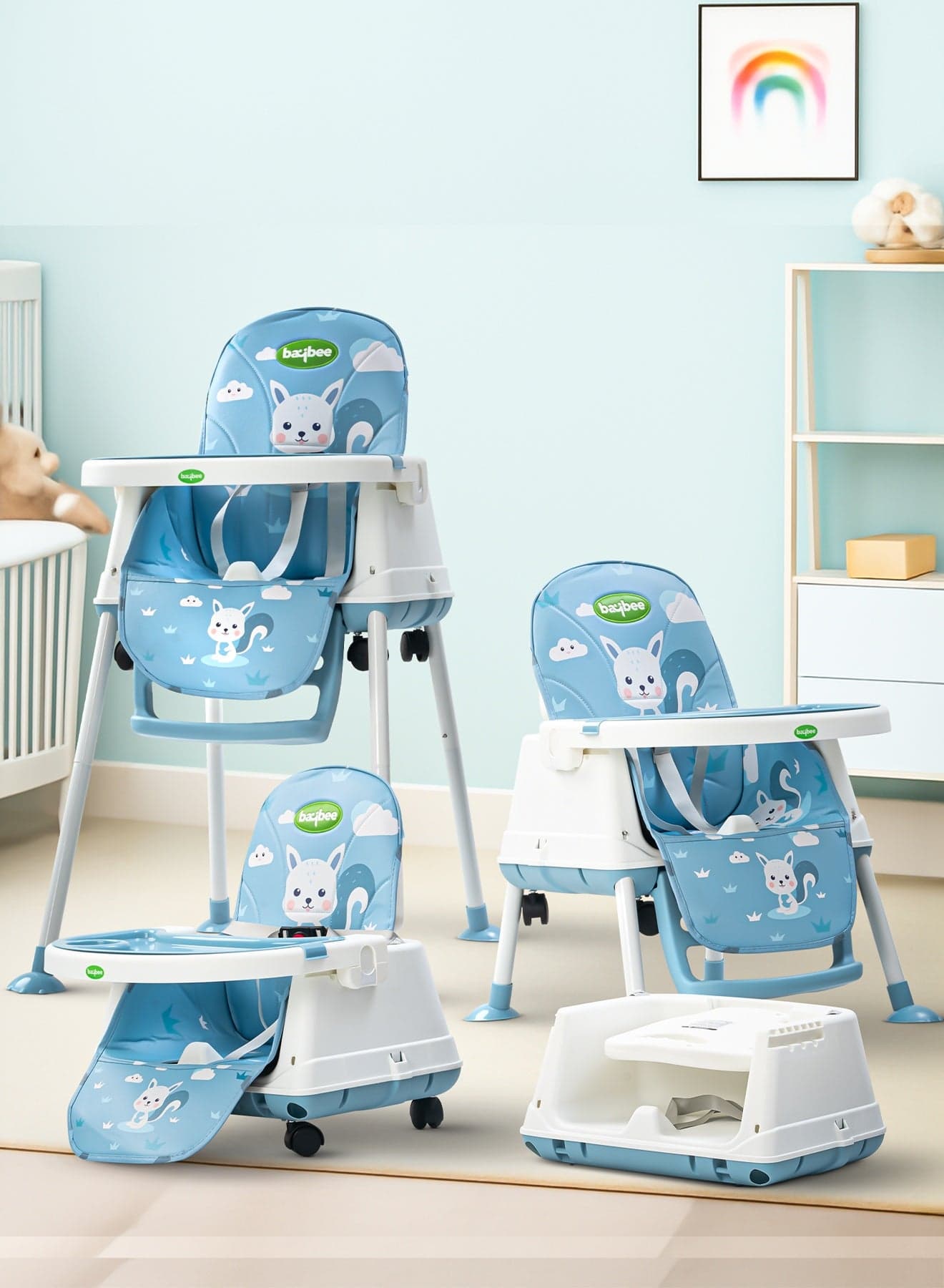 4 In 1 Nuvella Convertible Baby High Chair For Kids With Adjustable Height And Footrest Baby Chair Toddler Feeding Chair Booster Seat With Food Tray, Wheels & Safety Belt Kids High Chair For Baby Toddlers 6 Months To 4 Years Light Blue