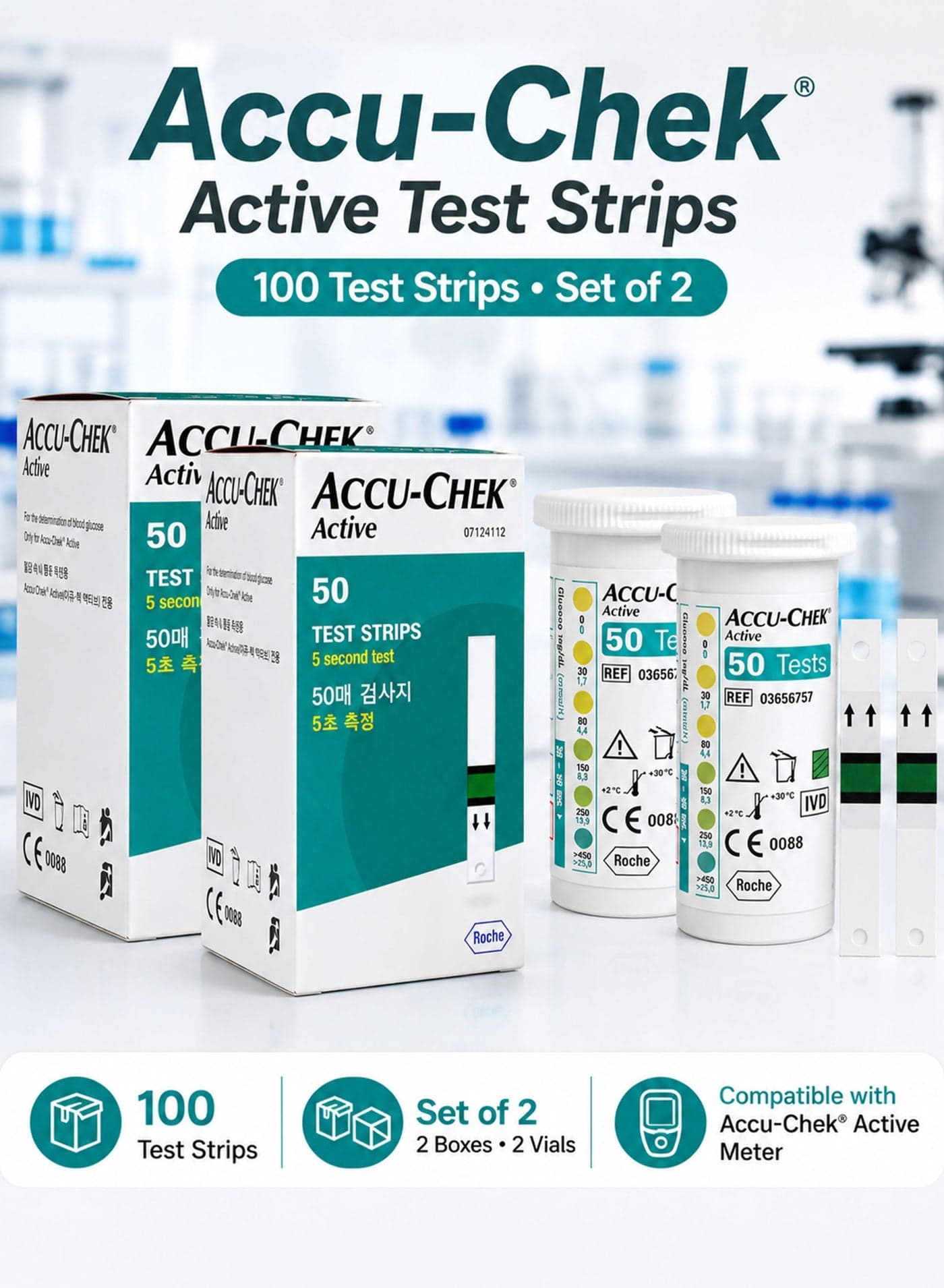 100 Strips Set Of 2 Accu-Chek Active Blood Glucose Test Strips for Accu-Chek Active Blood Glucose Meter, Fast 5 Second Results, Small Blood Sample, Flexible Blood Application, Under-Dosing Detection, Visual Double Check, High Accuracy, Home Blood Sugar Monitoring, Diabetes Self Testing, Sterile Single Use Test Strips, Easy Everyday Glucose Monitoring