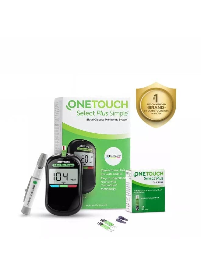 Select Plus Simple Glucometer Machine | Simple & Accurate Testing Of Blood Sugar Levels At Home | Free 10 Test Strips + 10 Sterile Lancets + 1 Lancing Device