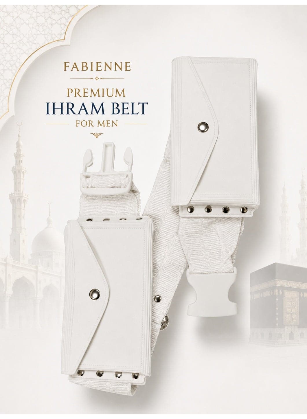 Ihram Belt for Hajj and Umrah Dual Pockets Adjustable Snap Buttons Comfortable and Unstitched Ahram Belt White Waterproof According to Sunnah Regular & Plus Size