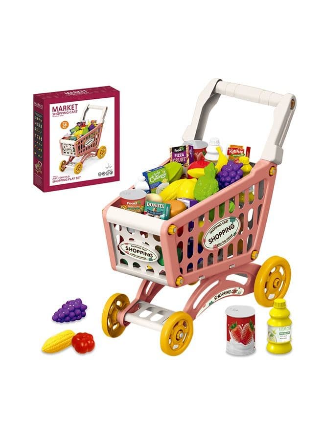 56- Pieces Role Play Market Shopping Cart Toy Set - Pink