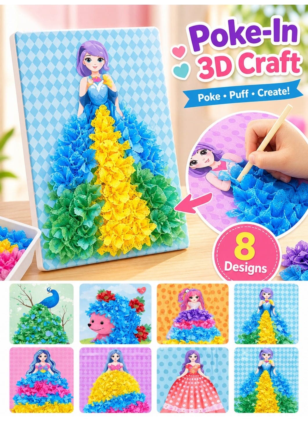 Arts and Crafts Kit for Girls – 8-Design DIY Princess Poke Art Set, 3D Drawing Painting Activity, Mess-Free Creative Educational Toy for Kids Ages 3-10, Birthday & Party Gift