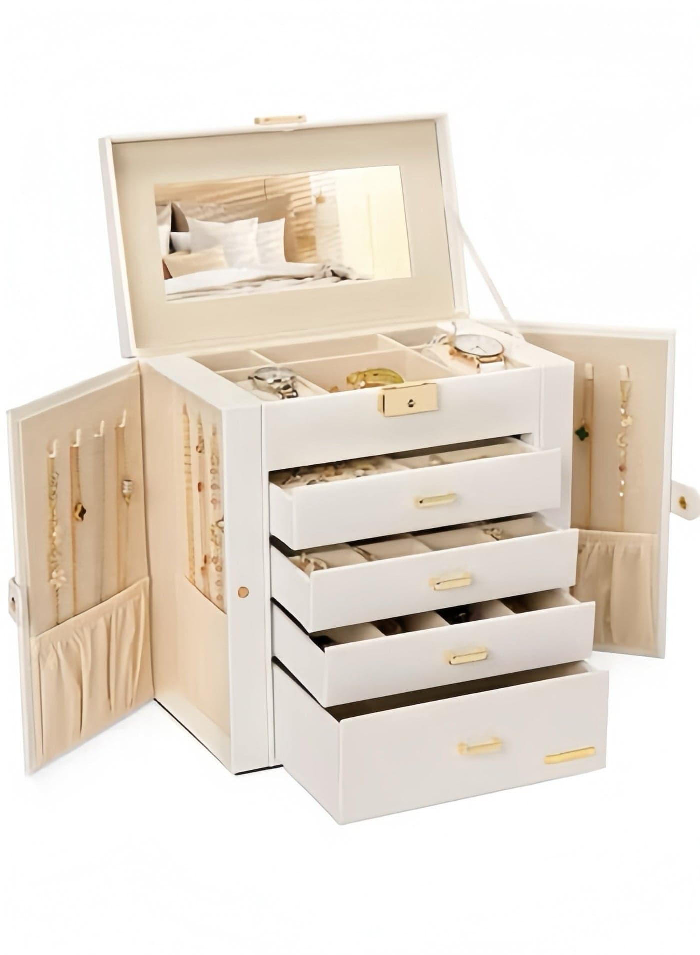 Synthetic Leather Huge Jewelry Box Mirrored Watch Organizer Necklace Ring Earring Storage Lockable Gift Case,White.