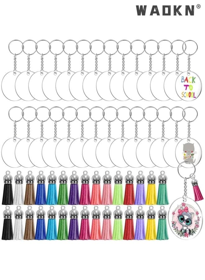Tassel Keychain and Acrylic Circle, Acrylic Blanks and Tassel Keychain Pendant Acrylic Transparent Circle Discs and Tassel Keyring Set for Diy Projects and Crafts 90pcs