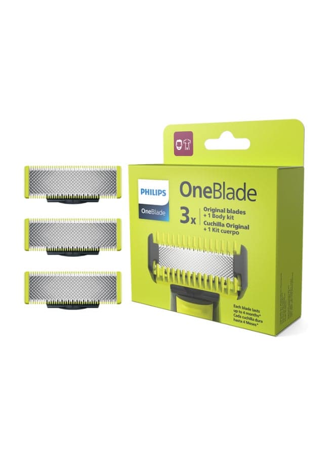 OneBlade Replacement Blades QP630/51,Trim, Edge & Shave Any Length of Hair,3X( Original Blades+1 Body Kit Cuchilla Original + 1 Kit cuerpo),Fits All OneBlade Handles, Wet & Dry Use QP630/51 QP630/51Green/Silver