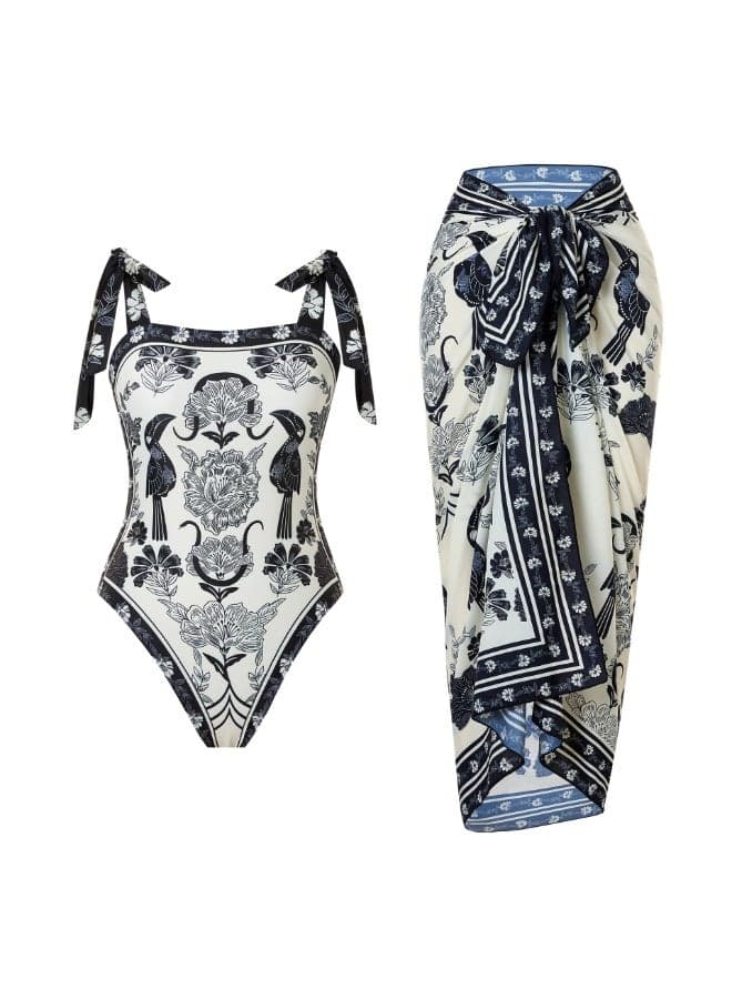 2-Piece Women Swimsuit With Beach Cover Ups Long Wrap Skirt Bathing Suit Swimwear Holiday Beach Dress Female Fashion Retro Swimwear Vintage Surf Wear Summer
