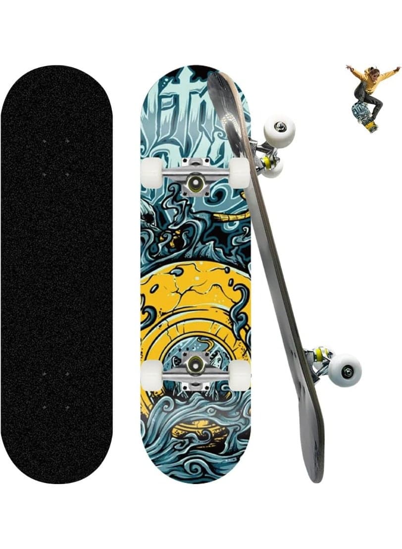 Skateboard Complete Standard Skateboard 9 Layers Maple Pro Cruiser Skateboard Double Kick Street Trick Skateboards Concave Longboard with PU Wheels for Beginners Teens Adults