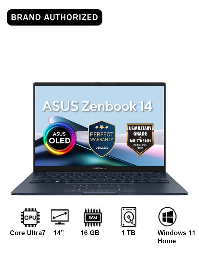 Zenbook 14 Laptop With 14-Inch Display,CORE ULTRA 7 255H/16GB/1TB PCIE G4 SSD/Intel UMA/Windows 11 Home Ponder Blue