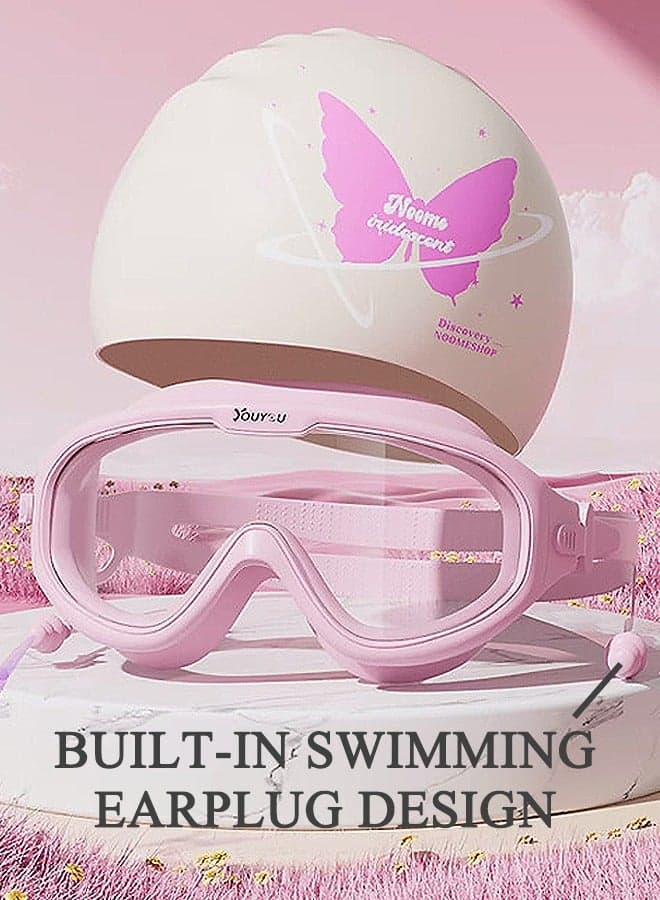 Swim Goggles with Swimming Cap, No Leaking Anti-Fog Pool Goggles with UV Protection 180°, Wide Field of vision Swimming Goggles (Pink)